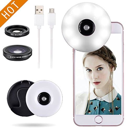 3 in 1 Rechargeable Selfie Ring Light Lens For Phone, Quarkware Clip On 3 Lighting Levels Selfie Warm White LED Bright Ring Light w/Telephoto Wide Angle Macro Lens for Smart Cell Phone (Black)