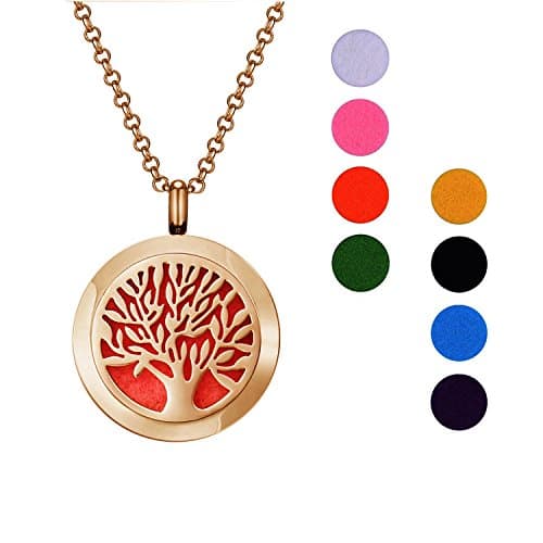 Essential Oil Diffuser Necklace Aromatherapy 24" Stainless Steel Gold Tree with 8 Color Pads for Decoration Gift