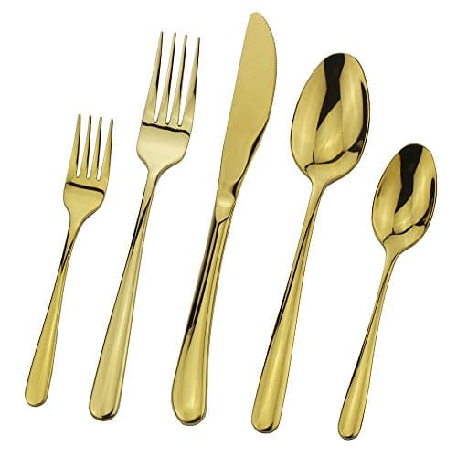 Silverware Set, 5-Piece Gold Flatware Set, Dealight Heavy-Duty Cutlery, 18/10 Stainless Steel Eating Utensils Include Knife Fork Spoon, Service for 1