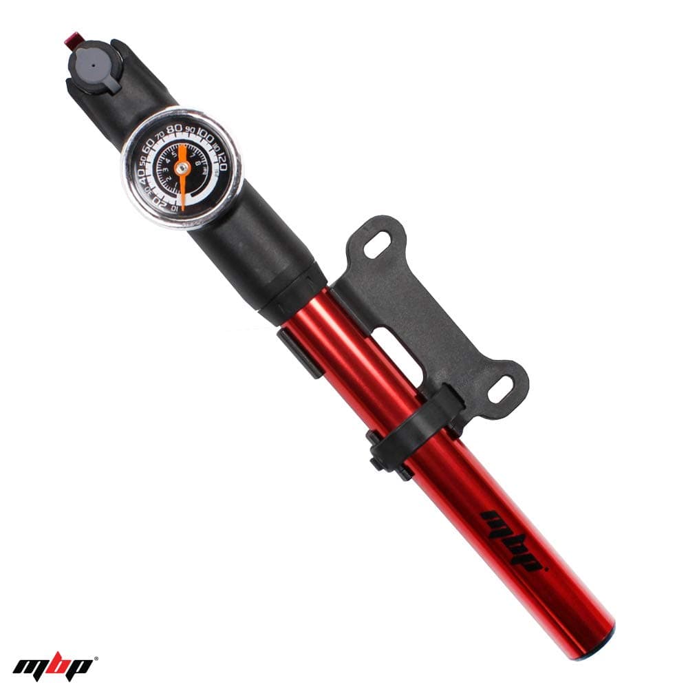 MBP Mini Bicycle Road Pump (Max Psi 120) Presta or Schrader, MTB or Road, Alloy Lever and Barrel, Metallic Red, Easy to use extendable Hose, Compact, Easy to Carry and Lightweight