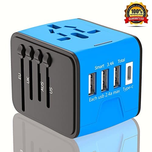 Travel Adapter, International Power Adapter With 3.4A 3 USB + Type C Charger, European Adapter, Universal Travel Adapter USB Wall Charger AC Outlet Plugs for Europe UK US AU &amp; Asia (Blue)