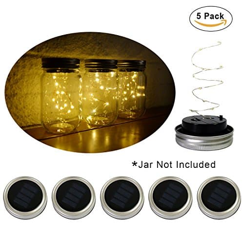Waker Mason Jar Solar Lights 10 LED Warm White Solar Fairy Lights Mason Jar Lid Insert for Wedding Christmas Holiday Party Garden Decor Solar Lights (5 pack)
