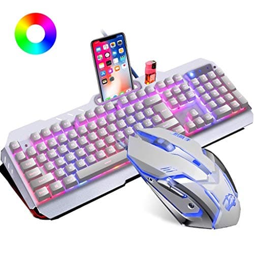 Guanwen Gaming Mechanical Feel Keyboard and Mouse Set, Rainbow Backlight Wired USB Multimedia Keyboard + 3200 DPI Optical Mute Mouse for Win10/8/7/ Mac OS/XP