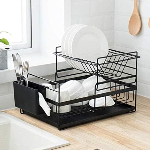 RMJAI Storage Racks Dish Rack Creative Kitchen Double Dish Dish Drain Rack Sink Tableware Chopsticks Storage Storage Shelf 41.5x29x26.8cm (Color : Black)