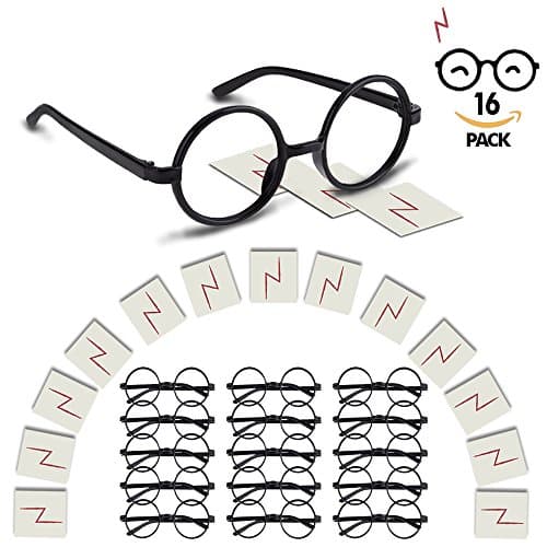 YoHold Wizard Glasses with Round Frame No Lenses and Lightning Bolt Tattoos for Kids Harry Potter, Halloween, St Patrick's Day Costume Party, 16 Pack of Each, Black