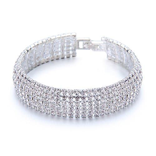 YUXI Rhinestone Stretch Bracelet Silver Tone Bangle Austrian Crystal Bracelets for Wedding, Prom, Party or Pageant (6 Rows)