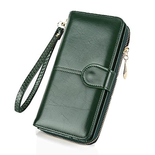 Womens Wallet RFID Blocking Leather Purse Large Capacity Luxry Waxed Clutch Handbag Bifold Multi Card Organizer Wristlet Strap - Laimi Duo (Dark Green)
