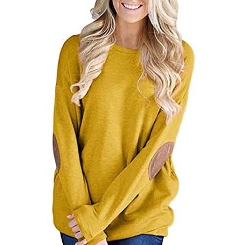 DRACLE Tops for Womens Long Sleeve Solid Color Round Neck Knitting Cotton Casual (L, Yellow)