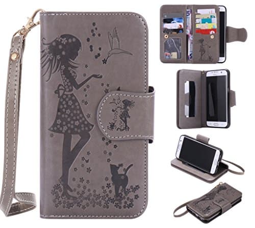 Galaxy S7 Edge Case,MOONESS Premium PU Leather Flip[9 Card Slots]Magnetic Closure Wallet Case Cover with Wrist Strap &amp; Hidden Makeup Mirror for Samsung Galaxy S7 Edge(Grey)