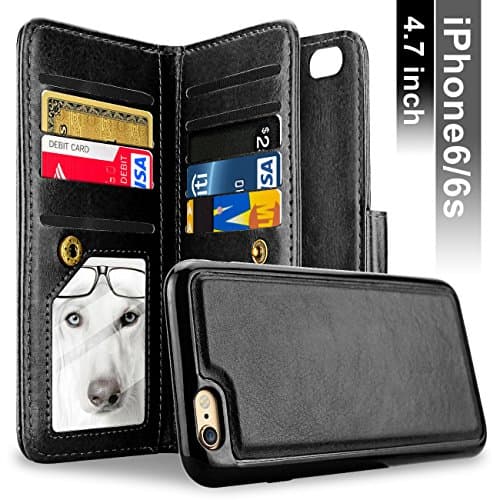 iPhone 6 Case, iPhone 6S Case, Samcore Leather Wallet Flip Case with Detachable Folio, Card Slots, Premium PU Leather, Retail Box for iPhone 6/6S 4.7 Inch [BLACK]