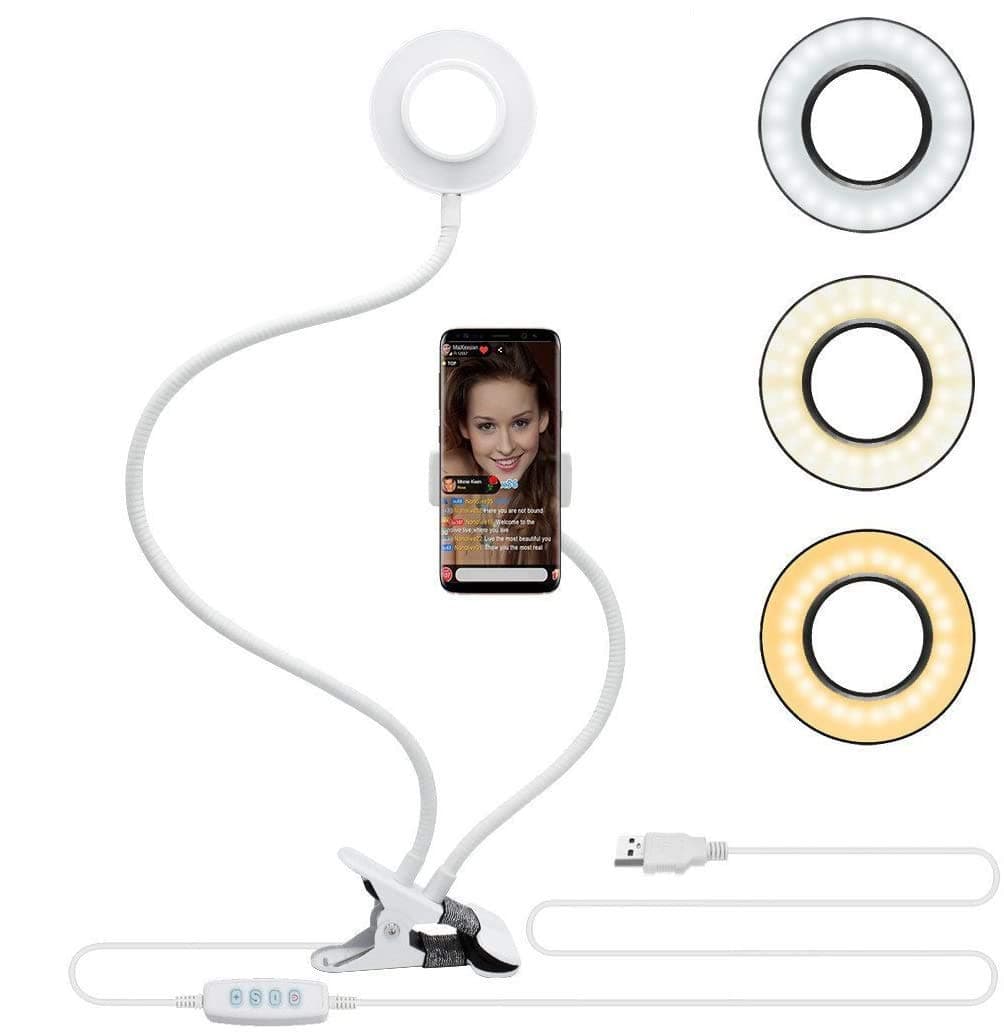 Velouer Selfie Ring Light with Cell Phone Holder Stand for Live Stream/Makeup, LED Camera Lighting [3-Light Mode] with Flexible Arms Compatible with iPhone 8 7 6 Plus X Android (White)