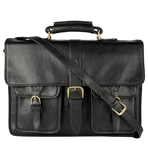Hidesign Castello Briefcase Bag Top grain Leather Messenger Laptop Shoulder Men Business Handbag Vintage Mens Satchel Cross body Attache Case Genuine New Travel (BLACK)