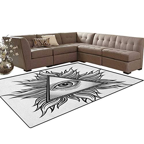 Eye,Carpet,Triangle Shape with Wavy Figures and All Seeing Eye Tattoo Style Spiritual Masonic,Non Slip Rug,Black and White Size:6'6" x10'