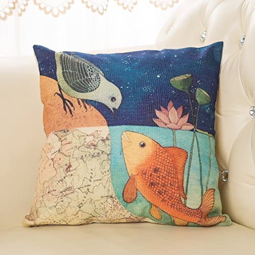 VYES Bird &amp; Fish in the Two World Forever Throw Pillow Case Sham Decor Cushion Covers Square 1818 Inch Beige Cotton Blend Linen