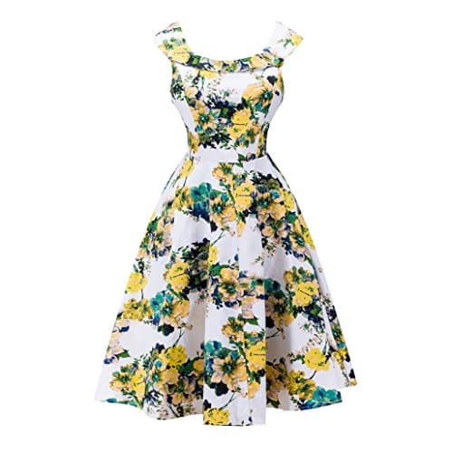 Women's Floral Print Retro Rockabilly Style Solid Big Hem Bubble Dress Elegant Audrey Hepburn Dress