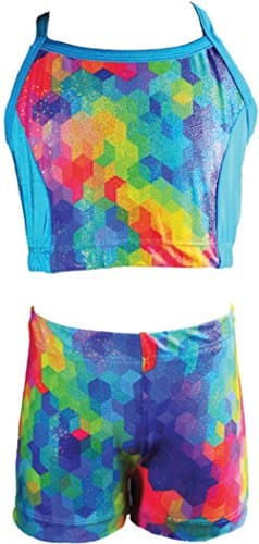 Reflectionz Girls Multi Cube Print on Aqua Spaghetti Strap Top and Shorts Set #SET4989 For Dance, Gymnastics, and Ballet (8)