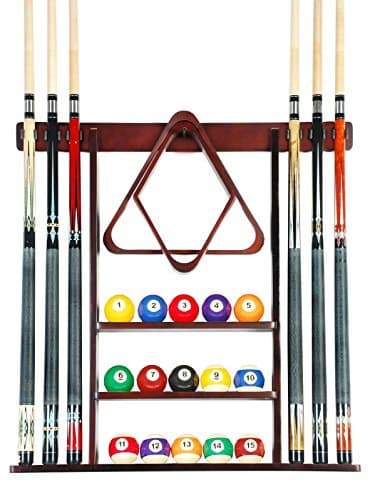 Cue Rack Only- 6 Pool Billiard Stick + Ball Set Wall Rack Holder Mahogany Finish