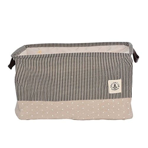 YINGMO Vertically Blue Striped and White Dotted Dustproof Cotton-Linen Blended Fabric Storage Basket Classic Folding Storage Box with Handles and Drawstring (About 18x13x11 Inches)