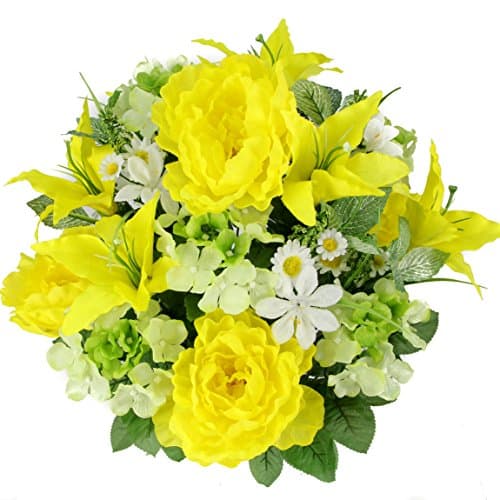 Admired By Nature 24 Stem Artificial Flowers Rose Carnation Mixed Bush Spring Faux Flower Arrangement for Outdoor & Indoor Wedding Home Decoration, Cemetery Decorations For Grave, Yellow