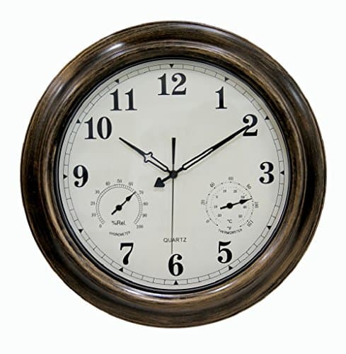 Large Silent Waterproof Wall Clock with Thermometer and Hygrometer for Indoor or Outdoor, Metal Frame, Non-Ticking, 18 inch