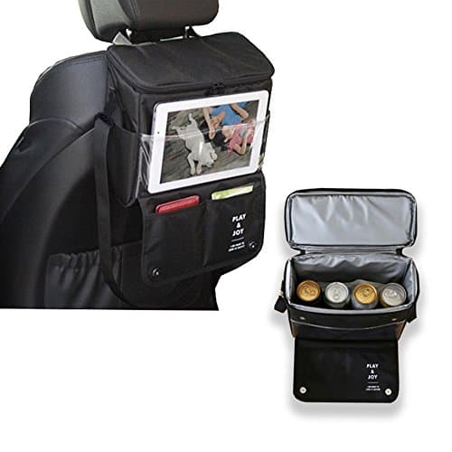 Car Back Seat Organizer Lunch Box with Cooler Small Portable Truck SUV Bag Multi-Pocket for iPhone iPad Outdoor Travel Insulated Black Bottle Warmer Storage for Baby Kids