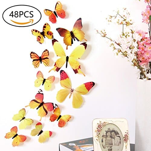 48 PCS Removable 3D Butterfly Wall Stickers Decals DIY Wall Art Decor Home Wall Decoration Sticker Mural for Kids Girls Children Bedroom Living Room Background Nursery (Yellow)