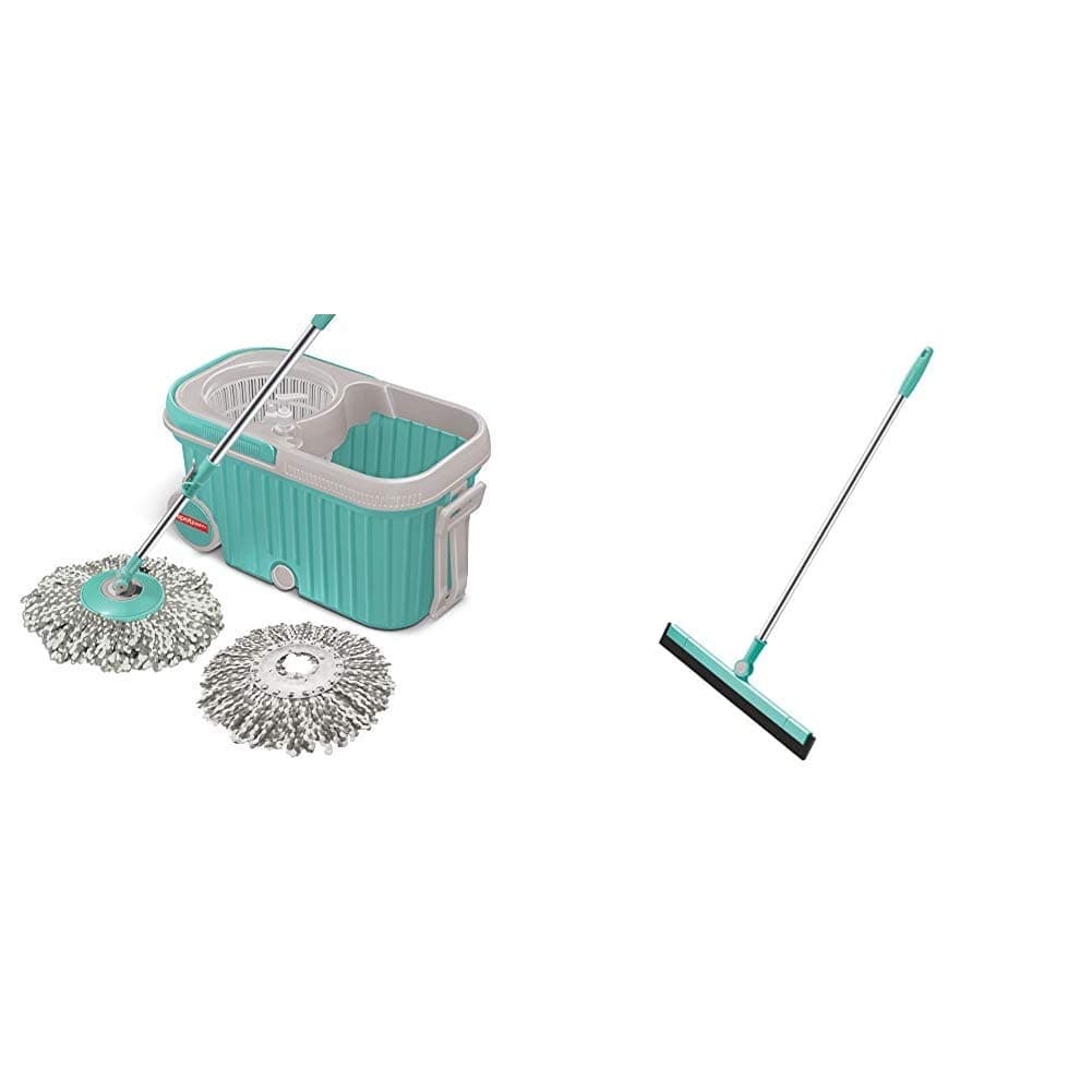 Spotzero by Milton E-Elite Spin Mop with Bigger Wheels and Plastic Auto Fold Handle for 360 Degree C & Spotzero by Milton 180 Degree Water Wiper-Small 0.7 x 27.3 x 67 cm(Aqua Green)