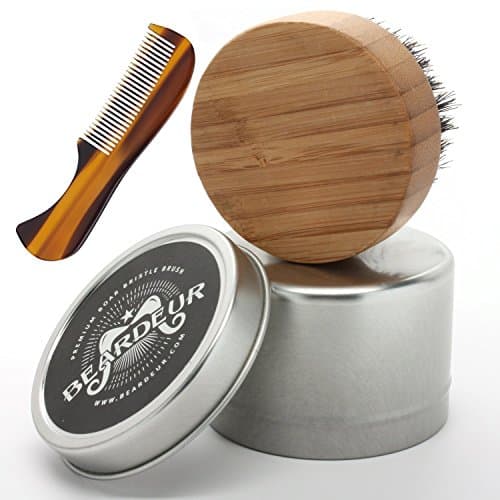 Small Beard Brush with Mustache Comb for Beard Grooming, Comes in Travel Metal Container, Great Beard Kit For Your Bearded Man