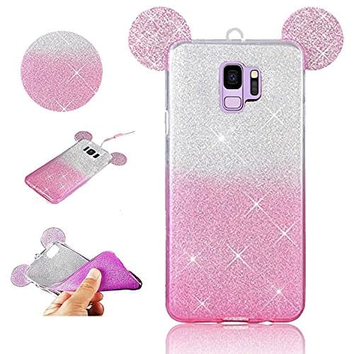 Stysen Galaxy S9 Plus (S9 +) Glitter Case,Galaxy S9 Plus (S9 +) Bling Case,Sparkle 2 in 1 Gradient Color 3D Cartoon Mouse Ear Design Case Cover for Samsung Galaxy S9 Plus (S9 +)-Pink