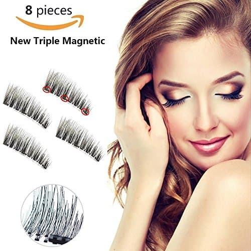 Triple Magnetic Full Size False Eyelashes Extension Set, 3 Fake Magnet Lashes for Natural Look - Reusable and Easy to Apply Three Magnetic Black Makeup Eye Lashes (8 Pieces)