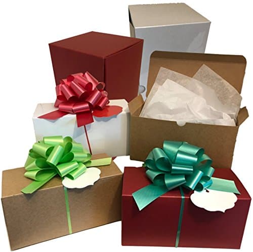 Set of 6 White, Red & Kraft Gift Boxes (9x4.5x4.5") + 6 Pull Bows + 6 Tissue Paper. Perfect for Wrapping Christmas Presents