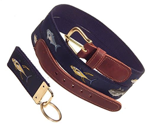 Preston Leather Classic Ribbon Belt, 4 Fish, Navy, Navy Web, Sizes 30 to 50, Free Matching Key Ring