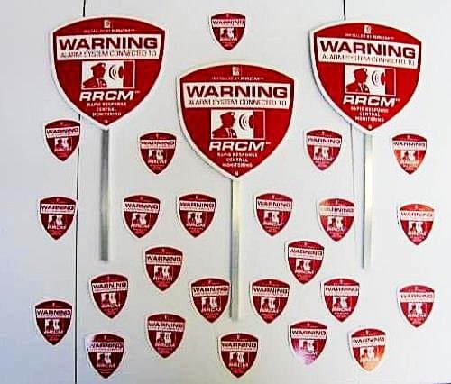 Home Security RRCM Shield Sign w Post! & 9 Alarm System Stickers Warning of central monitoring service connected to alarm!