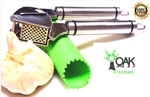 Oak Kitchen Garlic Press set Easy to Squeeze and clean Hige Quality Stainless Steel Crusher &amp; Mincer with astonishing Bonus Garlic Peeler &amp; Silicon Brush .