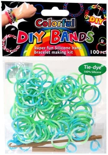 D.I.Y. Do it Yourself Bracelet Bands 100 Green, Blue &amp; White Tie Dye Rubber Bands with Hook Tool &amp; Buckles