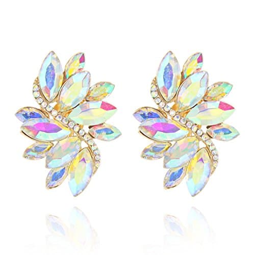 Women's Floral Glass Stone Stud Cluster Teardrop Statement Clip On Earrings For Extravagent Parties in Gold
