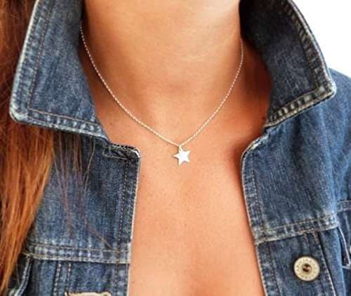 Star 14k Solid Gold Necklace, Celestial Dainty Gold Star Choker Necklace, Gold Star Necklace in Yellow White or Rose Gold. Personalized Engrave Letter Great Gift for Her. Jewee Diamond