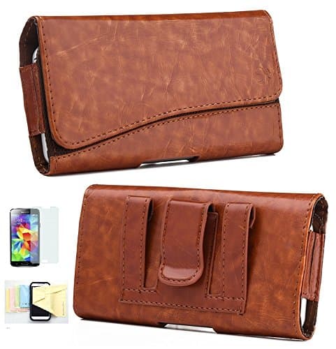 Samsung Galaxy S6 Horizontal PU Leather Case Pouch Holster with Magnetic Closure Belt Clip,Belt Loops Momiji [Screen Guard] Protector, Cleaning Cloth (Brown)