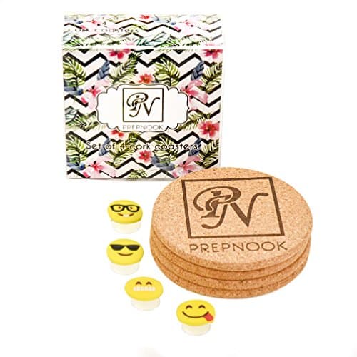 PrepNook: Cork Coaster Set For 'Drinks' and Spills. 4pcs Cork Coaster Set with 4 Silicone Drink Markers each. Protects Furniture Surfaces. Reusable Packaging and Mesh Pouch