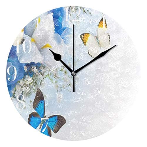 FunnyCustom Round Wall Clock Butterfly Blue Hydrangeas White Irises Acrylic Creative Decorative for Living Room/Kitchen/Bedroom/Family
