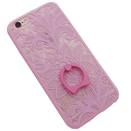 iPhone 6/6s Case Flower Lace Tronsnic Finger Ring Stent Cover 3d Embossed Relief Pink Floral 360 Rotating Kickstand Rubber Border Secure Grip Acrylic Back