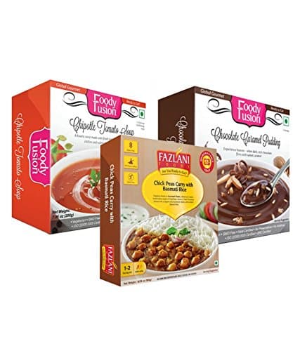 Ready to Eat Chipotle Tomato Soup + Chick Peas Curry with Basmati Rice + Chocolate Caramel Pudding - Complete Meal Combo by Fazlani Food