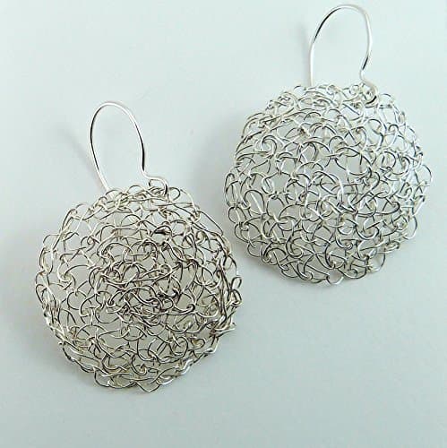 Sterling Silver Wire Crochet Hand Knitted Round Handmade Drop Earrings