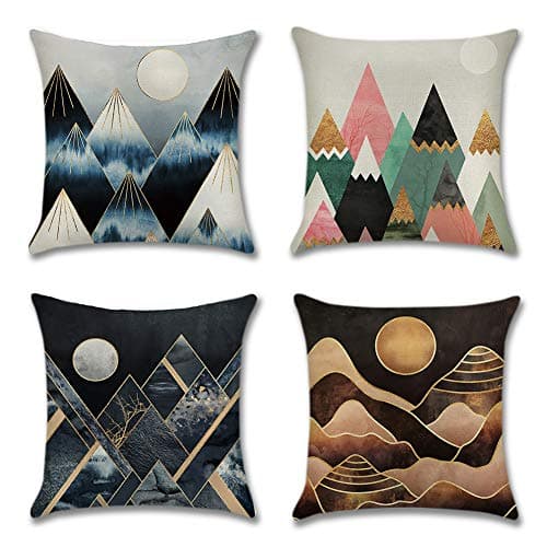 Artscope Pack of 4 Decorative Soft Polyester Linen Cushion Covers 45 x 45 cm Square Throw Pillow Covers Pillowcases for Sofa Couch Living Room (Moon and Mountain)