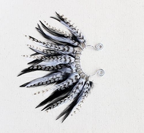 Black and White Mohawk Feather Ear Wrap / Cuff in Silver