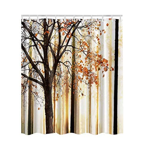 Artown Fall Trees Curtain Set, Unique Stylish Elegant Beige Orange Ivory 3D Digital Printing, Waterproof Polyester Bathroom Decor with 12 Free Hooks, 72 x 72 Inches (6-Fall Trees)