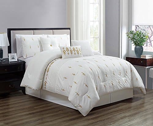 7 Piece Bedding set, White, Gold Embroidered Comforter with Accent pillows Bed in a Bag-Niamh (CalKing)