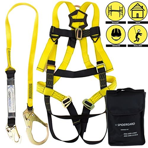 Spidergard SPKIT02 Single D-Ring Full Body Fall Protection Safety Harness Combo with 6 foot Shock Absrober Rebar Hook Lanyard (Yellow, L-XL)