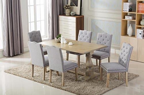 Antique 7-piece Dining Set with two pedestal Legs table and Six Studded Buttoned (Tufted) Light Gray/Grey Chairs