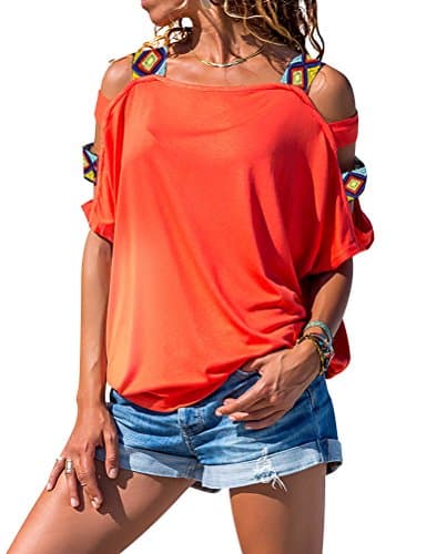 WLLW Women Solid Color Hollow Out Short Sleeve Cold Shoulder Shirt Tops Blouse